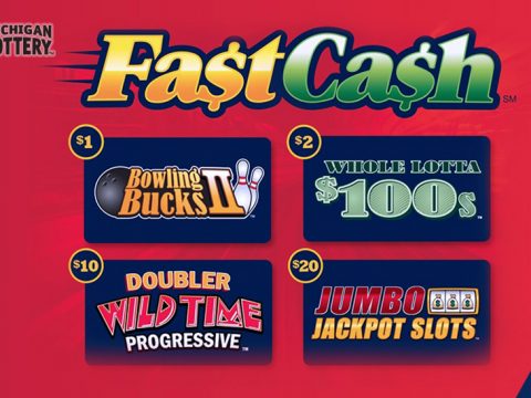 Fast Cash text with 4 game logos on a red background