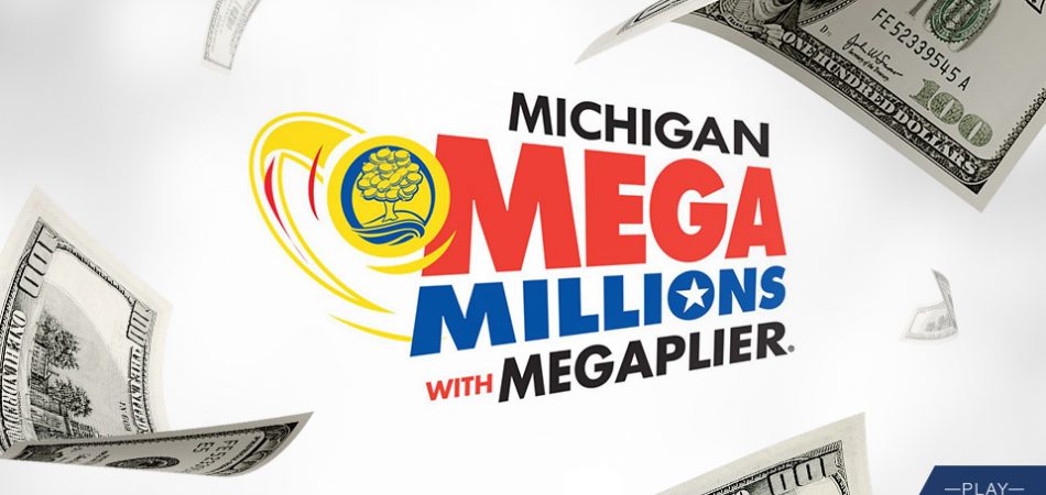 Michigan Lottery Megaplier Mega Millions game logo with dollar bill background