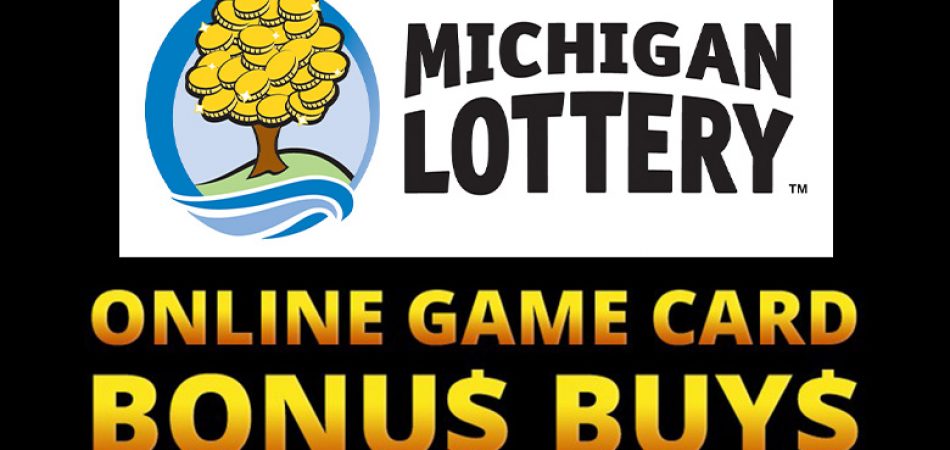Michigan Lottery money tree logo and font with yellow online game card bonus buys.